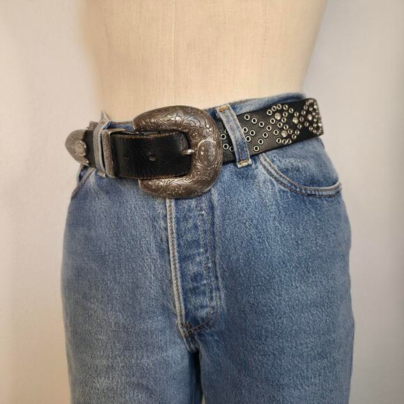 VNT Leather Western Bling Belt Cowgirl Silver Buckle Studded Large Statement